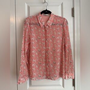 Alice + Olivia Willa Poodle Print Long Sleeve Silk Blouse Pink Size Large
